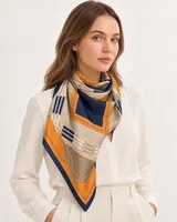 Turuncu Lacivert Zincir ve Halat %100 İpek Twill Eşarp — 2