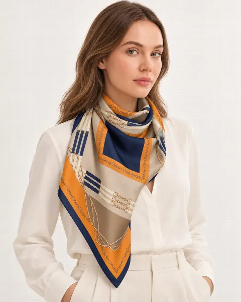 Turuncu Lacivert Zincir ve Halat %100 İpek Twill Eşarp alternatif görünüm