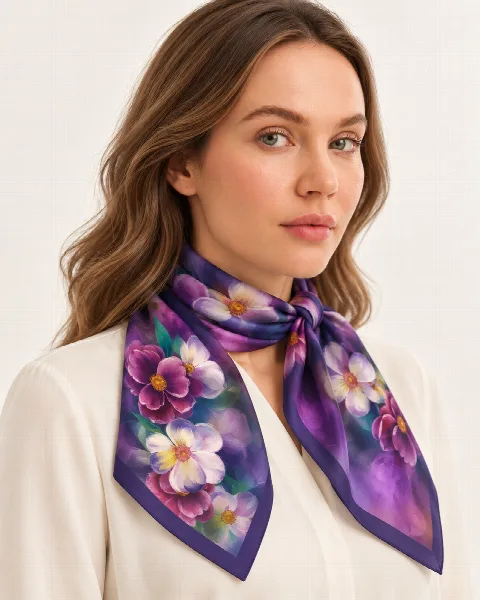 Mor Çiçek Bahçesi %100 İpek Twill Eşarp alternatif görünüm