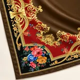 Kahve Kırmızı Altın Çiçekli Barok %100 İpek Twill Eşarp — 6