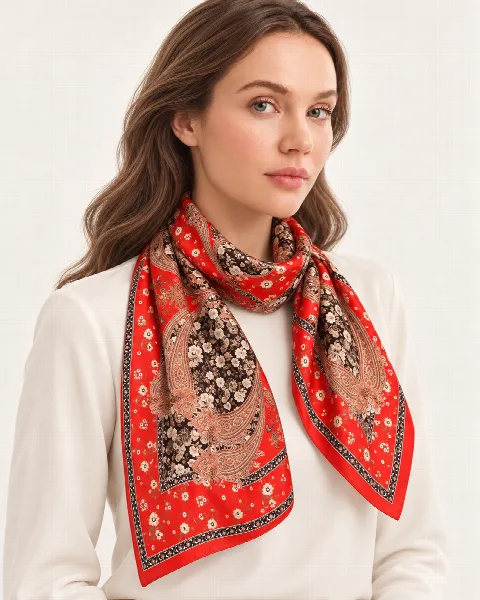 Kırmızı Siyah Çiçekli Paisley %100 İpek Twill Eşarp alternatif görünüm