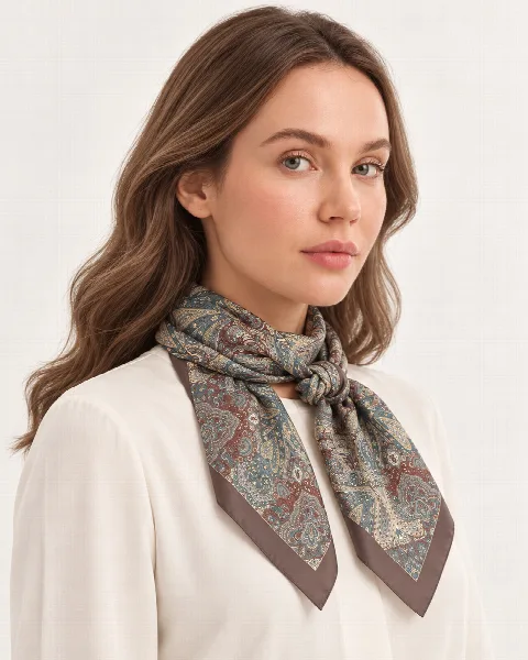 Vizon Petrol Paisley %100 İpek Twill Eşarp alternatif görünüm