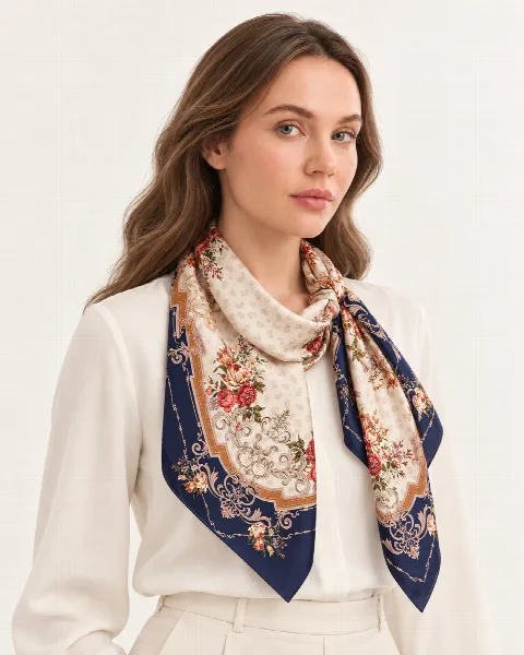 Lacivert Bordürlü Krem Çiçekli %100 İpek Twill Eşarp alternatif görünüm