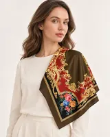 Kahve Kırmızı Altın Çiçekli Barok %100 İpek Twill Eşarp — 3