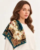 Petrol Krem Altın Barok %100 İpek Twill Eşarp — 3