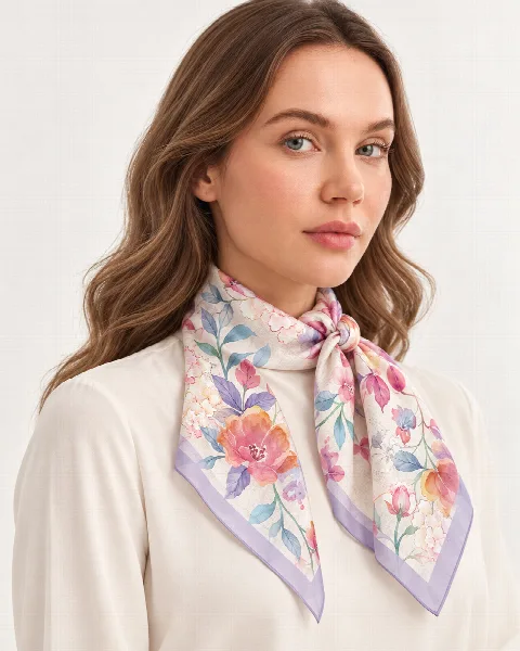 Lavanta Bordürlü Suluboya Çiçekli %100 İpek Twill Eşarp alternatif görünüm