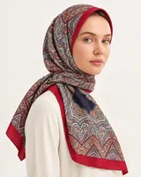 Lacivert Kırmızı Oryantal Ornament %100 İpek Twill Eşarp — 4