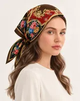 Kahve Kırmızı Altın Çiçekli Barok %100 İpek Twill Eşarp — 5