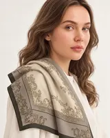 Krem Vizon Barok Bordür %100 İpek Twill Eşarp — 3
