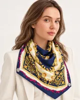 Lacivert Fuşya Zincir Barok %100 İpek Twill Eşarp — 4