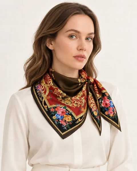 Kahve Kırmızı Altın Çiçekli Barok %100 İpek Twill Eşarp alternatif görünüm