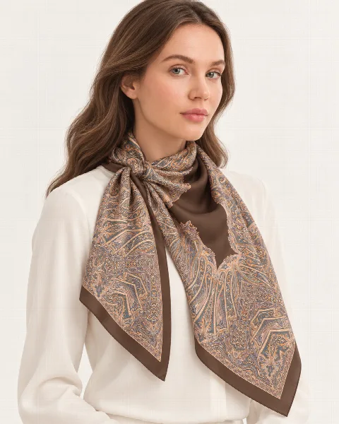 Kahverengi Klasik Paisley %100 İpek Twill Eşarp alternatif görünüm