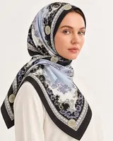 Pudra Mavisi Siyah Barok %100 İpek Twill Eşarp — 4
