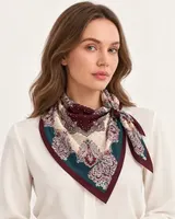 Petrol Bordo Krem Paisley %100 İpek Twill Eşarp — 2