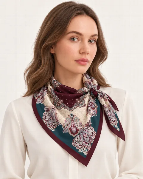 Petrol Bordo Krem Paisley %100 İpek Twill Eşarp alternatif görünüm