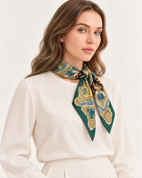 Zümrüt Sarı Ornament %100 İpek Twill Eşarp alternatif görünüm