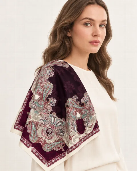 Bordo Krem Paisley %100 İpek Twill Eşarp alternatif görünüm