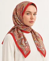 Mercan Kırmızı Paisley %100 İpek Twill Eşarp — 4