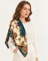 Petrol Krem Altın Barok %100 İpek Twill Eşarp — 4