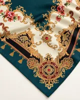 Petrol Krem Altın Barok %100 İpek Twill Eşarp — 7
