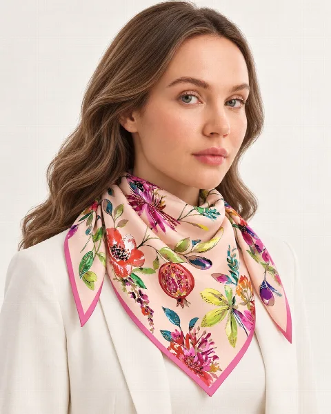 Pembe Çiçek Bahçesi %100 İpek Twill Eşarp alternatif görünüm