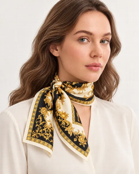 Siyah Altın Barok %100 İpek Twill Eşarp alternatif görünüm