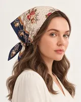 Lacivert Bordürlü Krem Çiçekli %100 İpek Twill Eşarp — 5