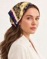 Lacivert Fuşya Zincir Barok %100 İpek Twill Eşarp — 6