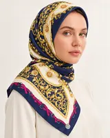Lacivert Fuşya Zincir Barok %100 İpek Twill Eşarp — 5