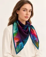 Mor Petrol Çok Renkli Soyut %100 İpek Twill Eşarp — 2