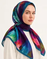 Mor Petrol Çok Renkli Soyut %100 İpek Twill Eşarp — 4