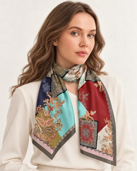 Çok Renkli Patchwork Paisley %100 İpek Twill Eşarp alternatif görünüm