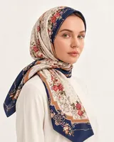 Lacivert Bordürlü Krem Çiçekli %100 İpek Twill Eşarp — 4