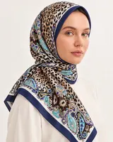 Lacivert Leopar Paisley %100 İpek Twill Eşarp — 4