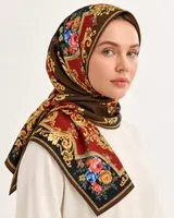 Kahve Kırmızı Altın Çiçekli Barok %100 İpek Twill Eşarp — 4