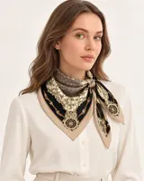 Bej Siyah Zincir Ornament %100 İpek Twill Eşarp — 2