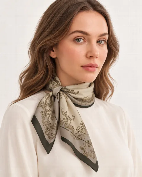 Krem Vizon Barok Bordür %100 İpek Twill Eşarp alternatif görünüm