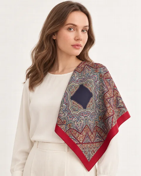 Lacivert Kırmızı Oryantal Ornament %100 İpek Twill Eşarp alternatif görünüm