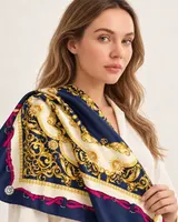 Lacivert Fuşya Zincir Barok %100 İpek Twill Eşarp — 3