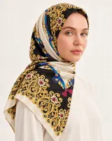 Lacivert Mavi Zincir Ornament %100 İpek Twill Eşarp — 5