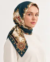 Petrol Krem Altın Barok %100 İpek Twill Eşarp — 5