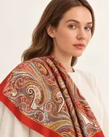 Mercan Kırmızı Paisley %100 İpek Twill Eşarp — 3