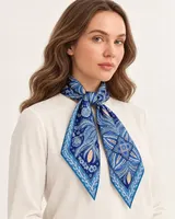 Safir Mavi Geometrik Ornament %100 İpek Twill Eşarp — 2
