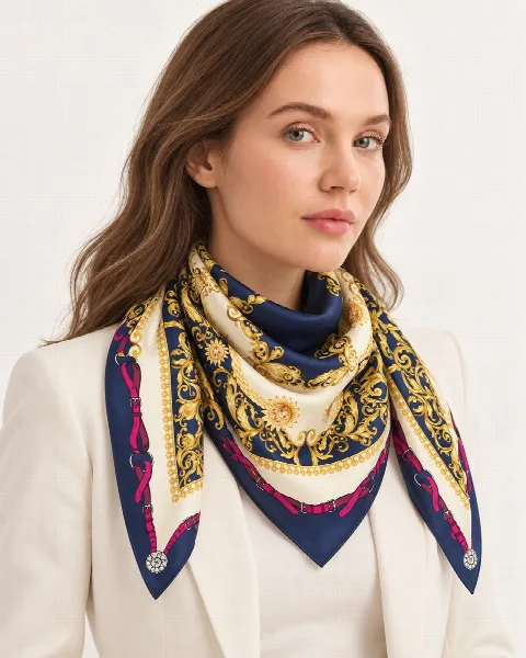 Lacivert Fuşya Zincir Barok %100 İpek Twill Eşarp alternatif görünüm