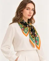 Siyah Turuncu Çiçekli Paisley %100 İpek Twill Eşarp — 2