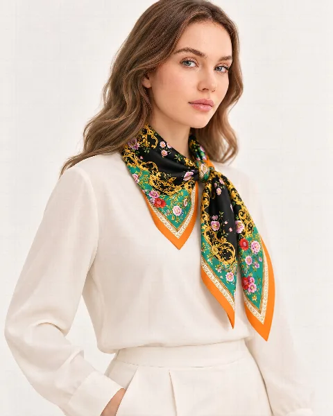 Siyah Turuncu Çiçekli Paisley %100 İpek Twill Eşarp alternatif görünüm