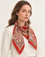 Mercan Kırmızı Paisley %100 İpek Twill Eşarp — 2