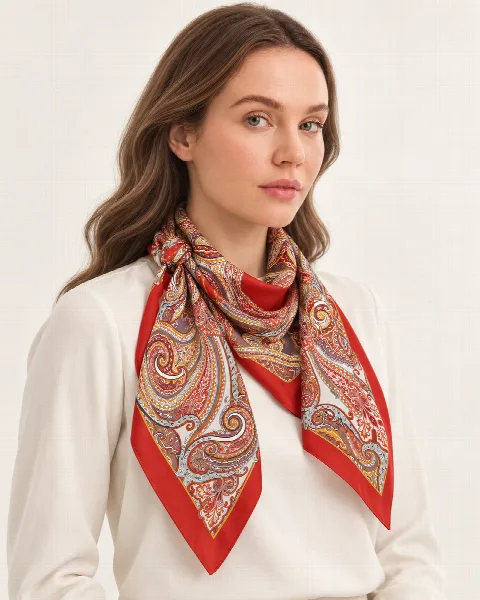 Mercan Kırmızı Paisley %100 İpek Twill Eşarp alternatif görünüm