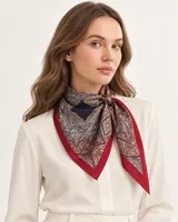 Lacivert Kırmızı Oryantal Ornament %100 İpek Twill Eşarp — 3