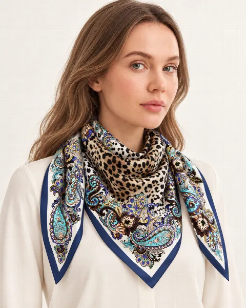 Lacivert Leopar Paisley %100 İpek Twill Eşarp alternatif görünüm